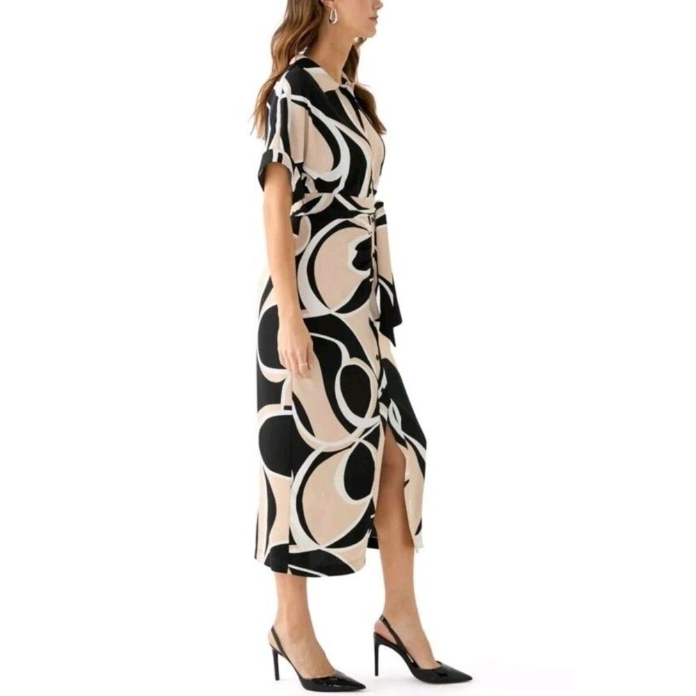 DKNY Abstract Geo Print Midi Shirt Dress Neutral Earthy Mod Retro Chic Size 12 - Picture 3 of 12